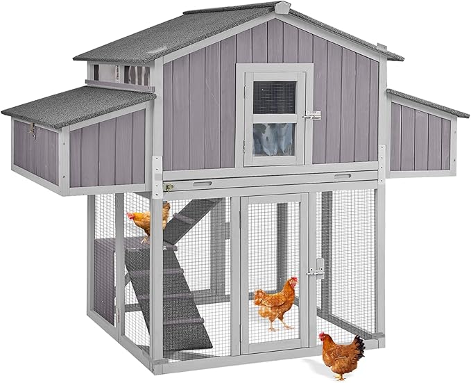 Large Chicken Coop, Wooden Chicken Coops with Nesting Boxes and Removable Tray, Waterproof Hen House with Asphalt Roof, Poultry Cage for Outdoor Backyard, Unique Folding Design