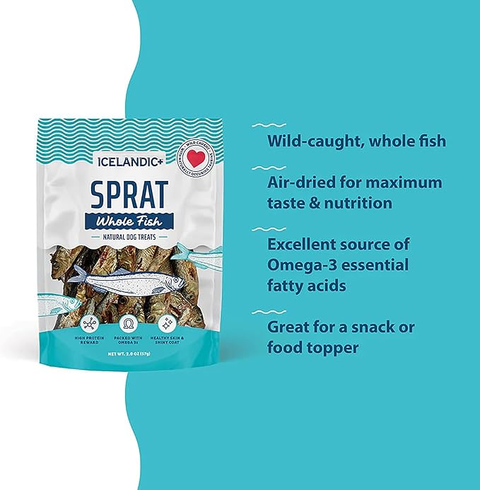 Icelandic+ Whole Fish: Sprat - 2oz Bag - Dog Treats, Wild- Caught, 2.5-3" Crunchy Air-Dried Pet Snacks, Single Ingredient, Just The Fish Nothing Else (Pack of 2)