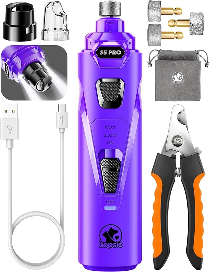 Whisper Quiet Dog Nail Grinder with LED Light, Safe & Stress-Free for Sensitive Dogs of All Breeds & Sizes, 3 Grinding Bits, 3-Speed, Pet Nail Trimmers, Rechargeable Painless Grooming Kit Purple