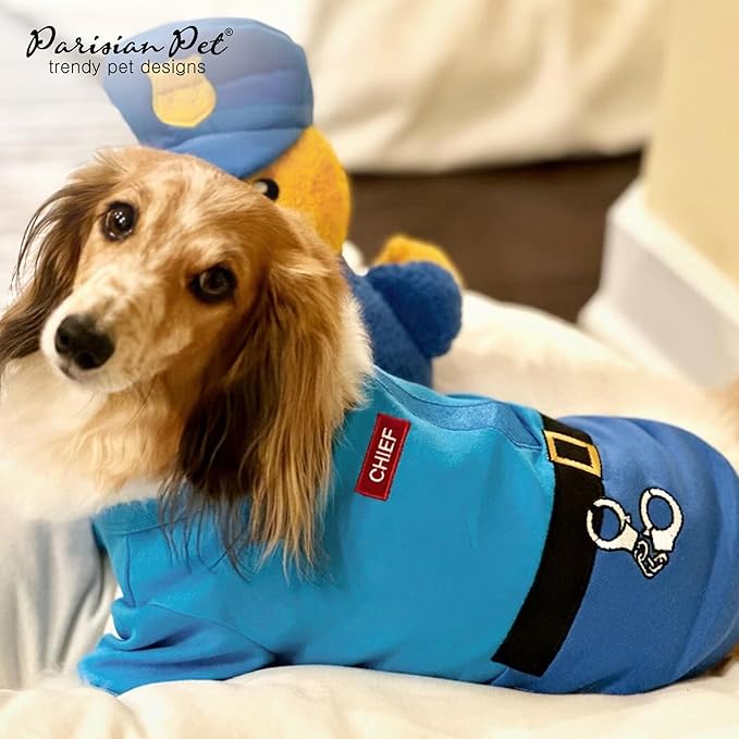Parisian Pet Police Dog Costume - 100% Cotton Blue Dog Clothes for Medium Dogs - Lightweight Puppy Outfits - Funny Schitzu Clothes - Cute Cop Uniform Pet Shirt - Stretchy T Shirt for Dogs