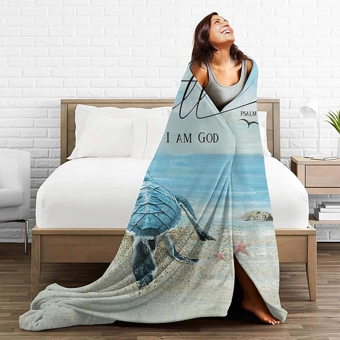 Beach Turtle Blanket Sea Turtle Decor Throw Blanket Be Still and Know That I Am God Christian Blanket Gifts for Men Women Warm Soft Plush Fleece Flannel Blanket Bedding Blanket for Kids Adults 80"X60"