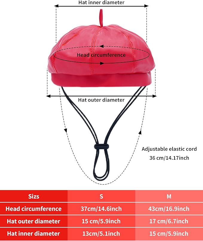 PET SHOW Dog Beret Hat for Small Dogs Cats Party Holiday Headband Cap French Leather Berets with Adjustable Chin Strap Cute Fashion Puppy Hats Pets Costumes Accessories(Red,S)