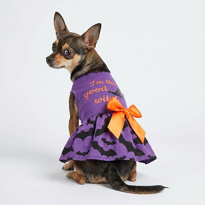 Fitwarm 100% Cotton I'm The Good Witch Halloween Dog Costume Puppy Dress Doggie Party One Piece with Bowknot Pumkin Bat Pet Vest Shirt Holiday Cat Outfits Purple Large