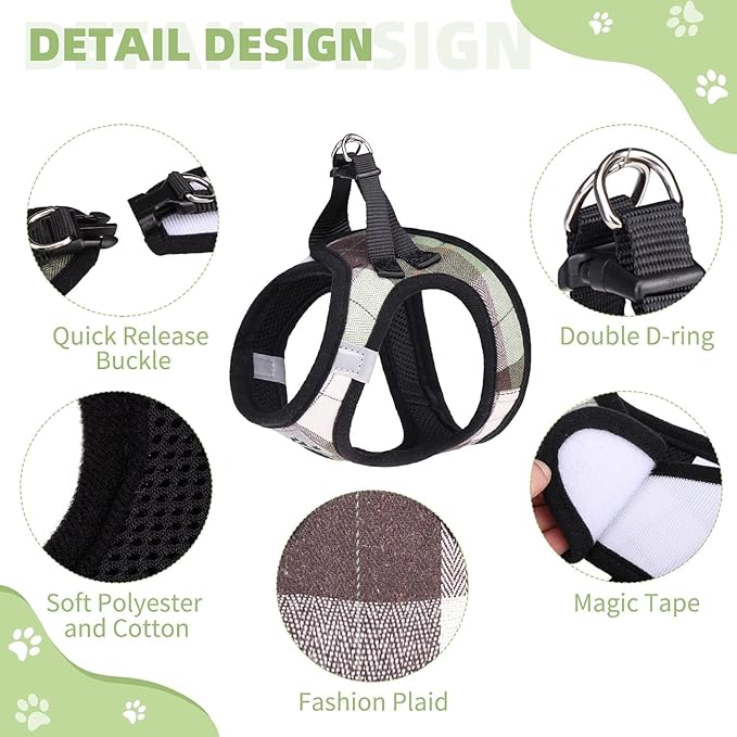 KOOLTAIL Dog Harness and Leash Set for Small Medium Dogs, Step in No Pull Soft Mesh Dog Harness Comfort Padded Pet Vest, Adjustable Reflective Easy Walking Puppy Cats Harness Training, Plaid Green XS
