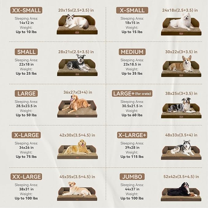 Large Dog Bed Orthopedic Washable - Waterproof with Removable Cover - Memory Foam - XXL Large Big Dogs - Beds Bolster Pet - Couch Sofa - Brown Dog Bed