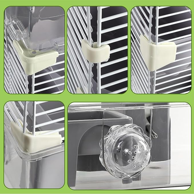 Multilevel Hamster Cage Starter Kit 18″Lx11″Wx23″H for Dwarf Hamster Under 3″ in Length with Platforms, 3 Tube Ports, Bathtub, Food Bowl, Steps, 2 Exercise Wheels, Doors, House, Water Bottle