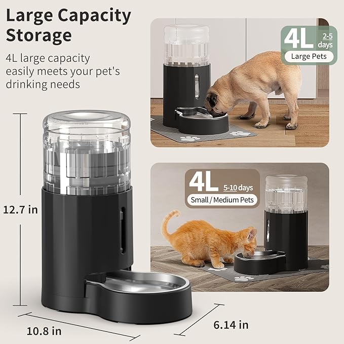 JUNSPOW Cat Water Dispenser with Placemat and Stainless Steel Bowl, Automatic Gravity Water Dispenser for Cats or Small Medium Size Dogs, Large Capacity, Easy to Clean and Safe for Pets (4L Black)