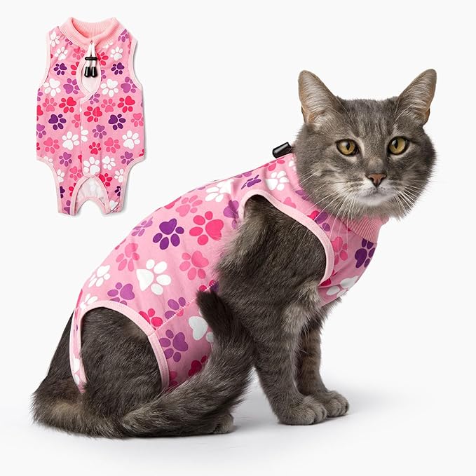 Cat Recovery Suit – Soft Breathable Cat Onesie for Female & Male Cats After Surgery, Spay, Neuter or Wounds, Cat Surgery Suit, Recovery Suit for Cats, Cone Alternative, Pink Paw Print