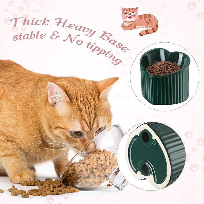 Mumufy 2 Pcs Ceramic Elevated Cat Bowls Tilted Elevated Raised Pet Bowls Anti Vomit Cat Dish for Indoor Stress Free Water Dish Feeder for Puppies, Heart Shaped(Pink, Peacock Green)