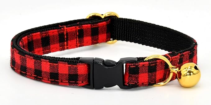 Red Black Buffalo Plaid Cat Breakaway Collar Bow Tie with Bell, Wedding/Birthday Cat Accessories