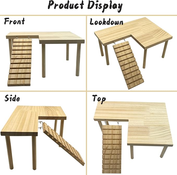 Wooden Hamster Platform with Legs, Large Syrian Hamsters Climbing Platforms with Ramp Kit Wood Ladder Bridge Rat Playing Toy Standing Table Gerbil Cage Accessories