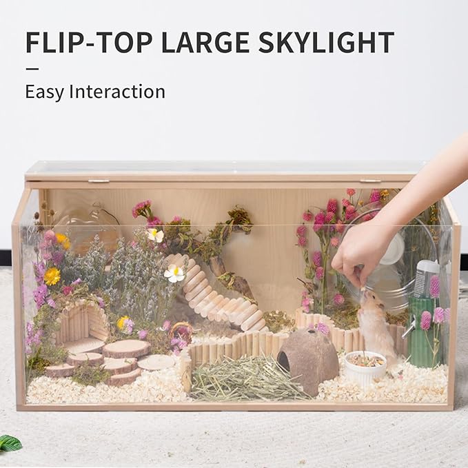 31.5 inch Wooden Hamster Cage, Large Habitat, Openable Top, Transparent Acrylic for Interior View, Ventilated, Easy to Clean, for Syrian Hamster, Dwarf Hamster, Gerbil, Other Small Pet Animals