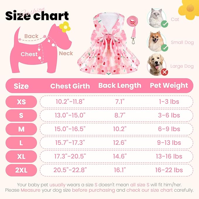 ABRRLO Cute Dog Dress Small Dog Clothes for Girls Female Puppy Outfits Floral Pet Summer Clothes Bowknot Doggy Harness Dress Cat Princess Dresses for Holiday Birthday Party (Pink Floral, Medium)