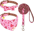 KOOLTAIL Cute Small Dog Collar and Leash Set with Bowtie and Bells,Puppy Bandana Collar and Leash for Girls with Pink Heart Pattern,Soft Leather Tangle Free Leashes for Small Dogs,Cats