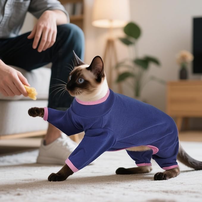 DENTRUN Cat Clothes for Hair Control with Hair Sticky Fabric - Soft Recovery Suit & Breathable Lint-Resistant Cat Sweater for Cats Only, Kitten Onesie Pajamas, XL, Blue
