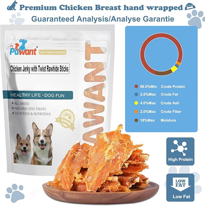 Chicken Jerky with Twist Rawhide Sticks for Dogs, 32 oz - High Protein Real Chicken Breast Dog Chews - Long Lasting Dental Care Treats for Puppies, Small and Medium Breeds, 4-4.5 Inch