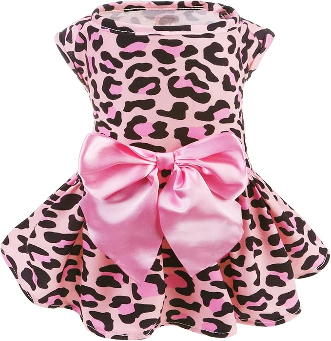 PUPTECK Print Dog Dress Pet Apparel with Cute Bowtie Puppy Clothes Outfit, Leopard Print, XS