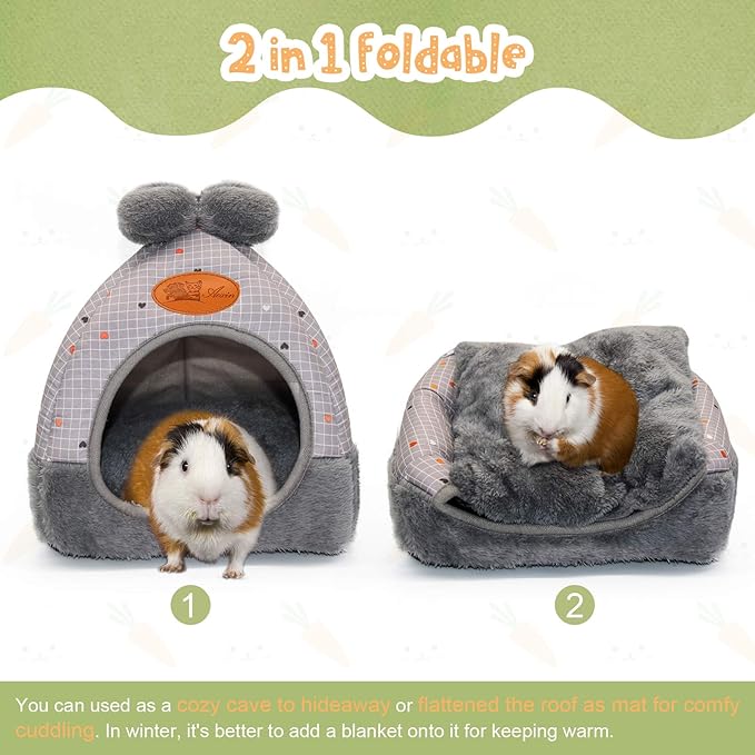 YUEPET Bunny Bed Warm Guinea Pig Cave Beds Cute Bowknot House Big Hideouts Cage Accessorie for Dwarf Rabbits Hamster Bunny Ferrets Rats Hedgehogs Chinchilla (Grey Grid)