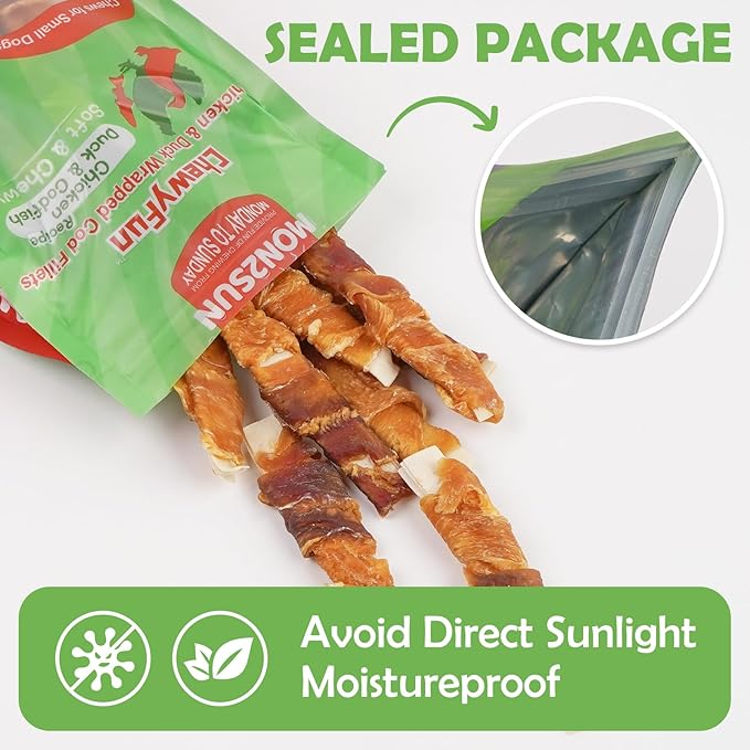MON2SUN Dog Treats, 4-4.5 Inch Chicken and Duck Wrapped Cod Fillets, Rawhide-Free, Soft and Training Treats for Small Dogs, 10.58 oz (30 Count)