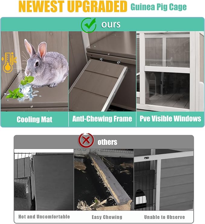 Ketive Rabbit Hutch Indoor, Wooden Bunny Hutch with Stand, Rabbit Cage with Ramp and Hideout, Small Animals Cage Habitat with Not Leakage Pull Out Tray for Rabbits, Guinea Pigs, Hamsters