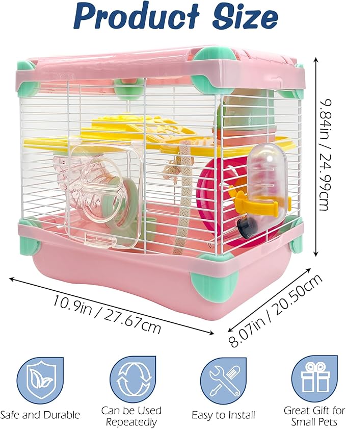 Hamiledyi Portable Hamster Cage 2 Layers Dwarf Hamster Habitat Small Animal Travel Cage with Exercise Wheel Hamster Enclosure Mouse Cage for Hamsters Mice Gerbils or Other Tiny Pets