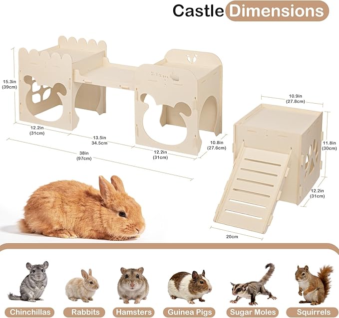 Extra Large Rabbit Castle, Wooden Bunny House & Training Bridge, Detachable Rabbit Hideaway, Indoor Hamster Castle with Ramp, Small Animal Houses & Habitats for Guinea Pig Chinchilla Ferret(2+1 House)