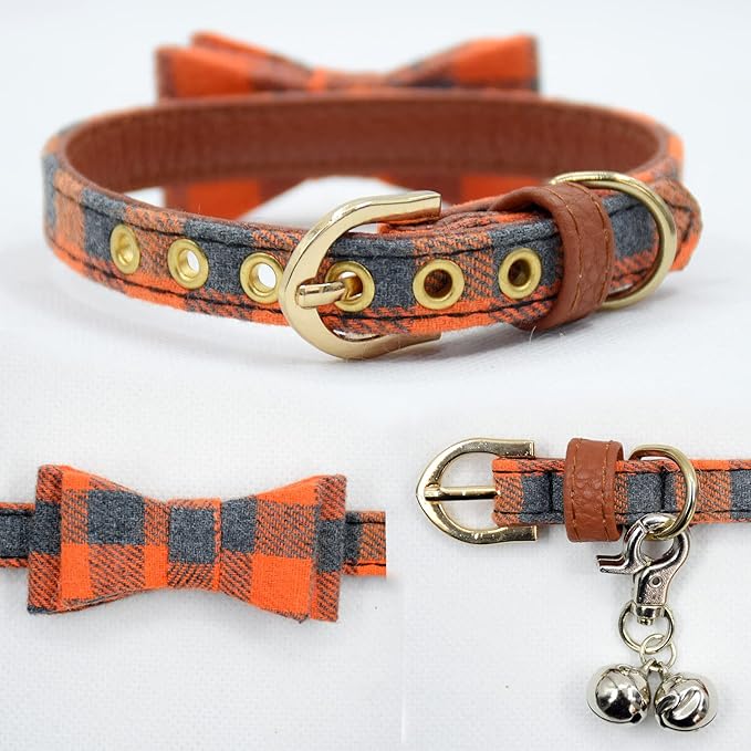 3PCS Bow Tie Dog Collar and Leash Set Plaid/Camo/Dots/Flower Dog Bandanas with Bell 3 Size Adjustable for Small Dogs Puppies and Cats (XS, Orange Plaid)
