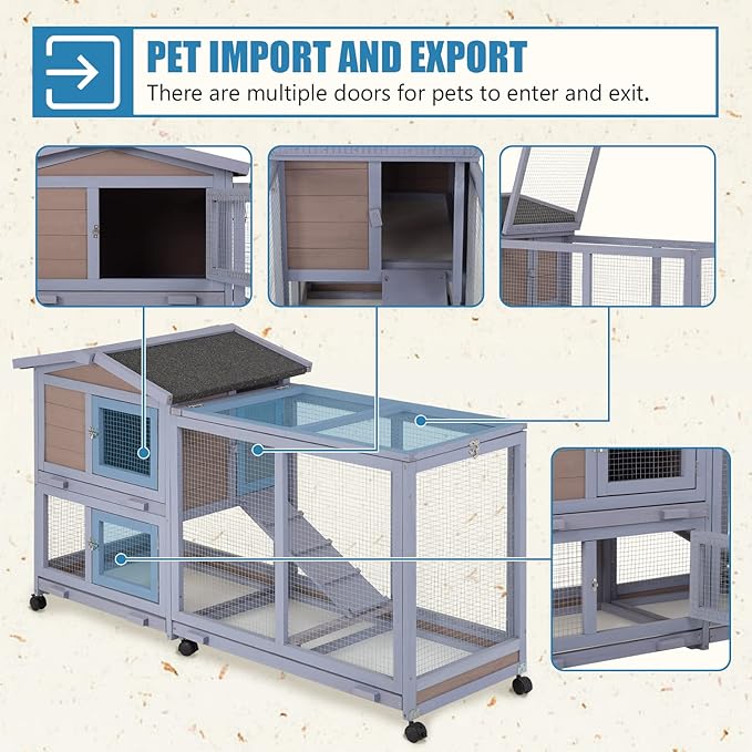 BestPet Rabbit Cage Wooden Rabbit Hutch Two Layers Chicken Coop Outdoor Indoor Guinea Pig Cage Bunny Cage Waterproof Roof Bunny Hutch with Casters and Tray