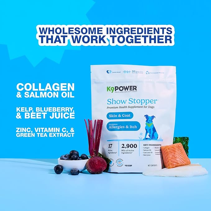 K9Power Show Stopper 8 oz– Awarded #1 Dog Skin & Coat Product – Supports Allergy Relief, Itchy Skin, Shedding, Dull Coat – Salmon Oil, Collagen, Kelp, Zinc, Probiotics, Beet Juice, Vitamin C