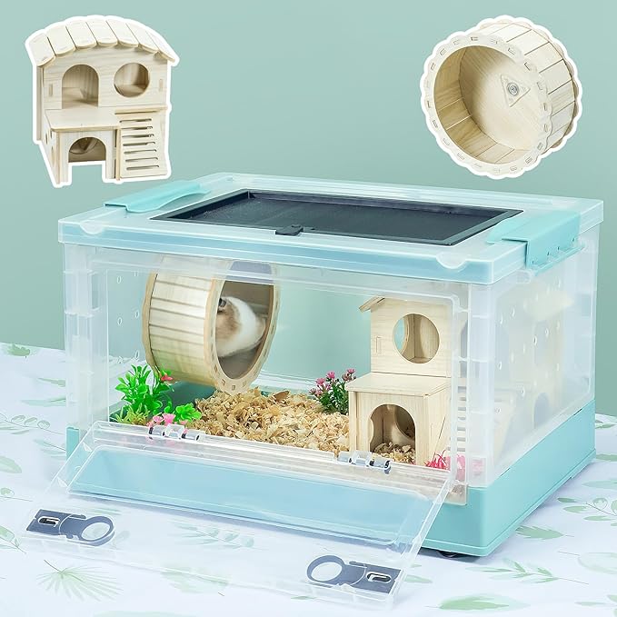 Hamsters Cage Large, Foldable Portable 360° Viewing Ventilated Cages with Villas, Exercise Wheels, for Hamsters, Rats, Dwarf Hamsters, Gerbils, Guinea Pigs Blue 16" L x 12" W x 9.5" H