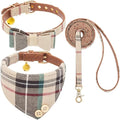 KOOLTAIL Small Dog Collar and Leash Set with Bowtie and Bells - Cute Puppy Bandana Collar and Leash with Classic Plaid Pattern, Soft Leather Tangle Free Leashes for Small Boys Girls Dogs,Cats,Beige S