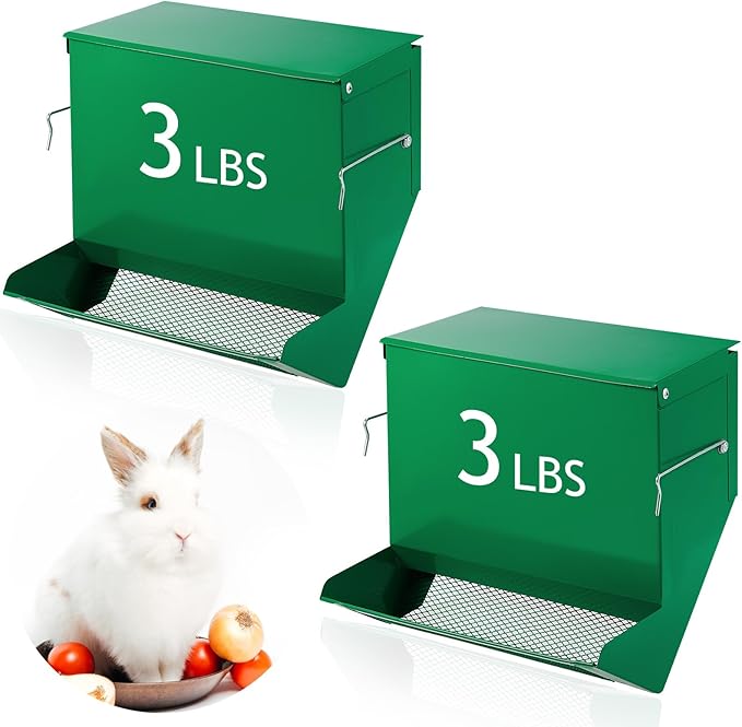 Maxcheck 2 Pcs Rabbit Feeder for Cages Small Animal Food Pellet Dispenser with Lid Metal Chicken Grit Oyster Shell Squirrel Feeders Outside(7.7 Inches,Mesh Bottom,Green)