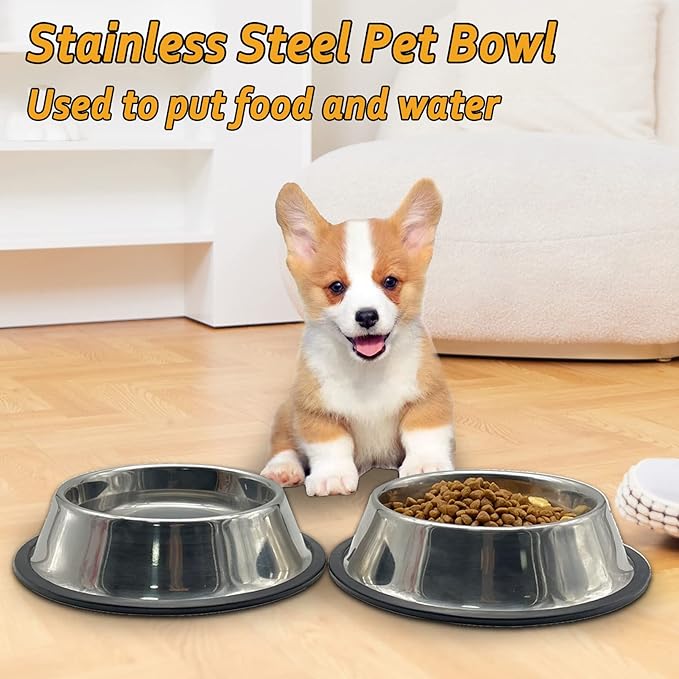 Fhiny 4PCS Stainless Steel Cat Bowls, Non-Slip Cats Water Dish with Rubber Base Stackable Pet Feeding Bowl Durable Multifunctional Replacement Whisker Fatigue Relief Plate for Kitten Puppy Small Dog