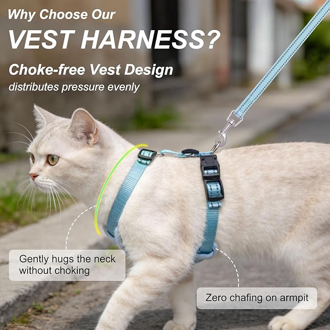 BEAUTYZOO Cat Harness, Escape Proof Cat Leash and Harness Set for Walking, Soft Breathable Vest Harness with Neck Adjustable, Reflective Easy-Control Kitten Harness for Cats,Shark-Blue S