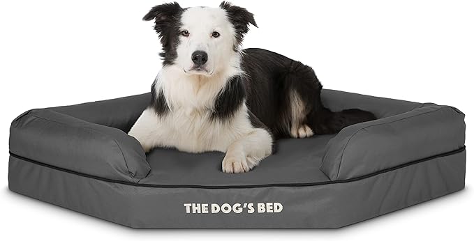 The Dog’s Bed Orthopedic Memory Foam Corner Dog Bed, Calming Surface – CertiPUR-Certified Foam, Oxford Fabric, Grey with Black Trim, Large