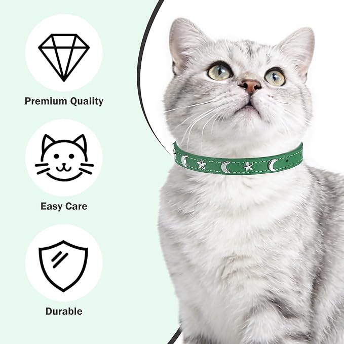 Leather Cat Collars for Boy Girl Cats with Bell and Safety Elastic Belt, Personalized Star and Moon Stud Adjustable Safe Buckle Collar for Kitty Small Big Cats Size 7-9 Inch, Green