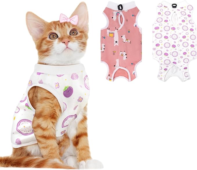 2 PCS Cat Recovery Suit Female Cat Onesie for Cats After Surgery Spay Abdominal Wounds, Kitten Recovery Suit Female Breathable E-Collar Alternative Kitten Onesie Anti Licking Large