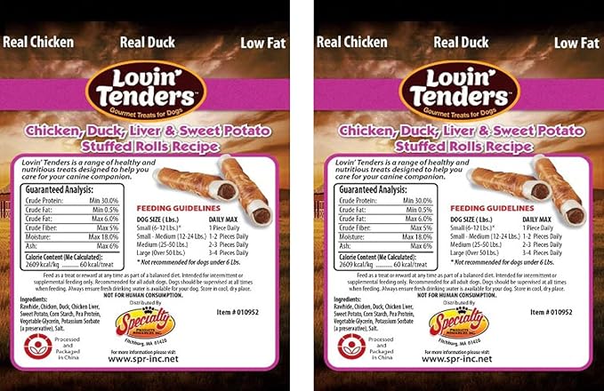 Lovin Tenders Chicken Duck Liver & Sweet Potato Stuffed Rolls Dog Treats (2 Pack - 8 oz per Pack)