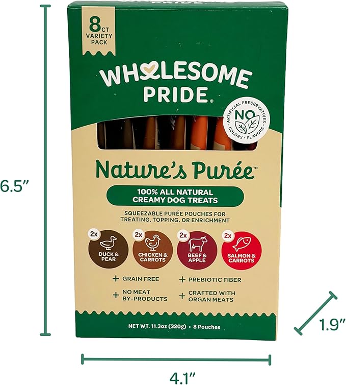 Wholesome Pride Nature’s Purée Creamy Dog Treats, Squeezable Lickable Treat & Topper, 1.4 oz Pouches, 8-Count, 4-Flavor Variety Pack