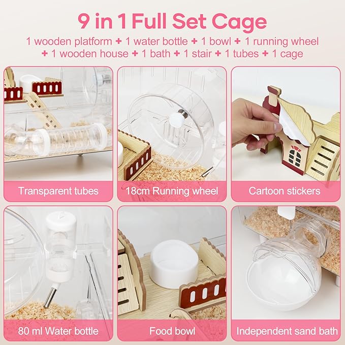 Large Hamster Cage 9 in 1 with All Accessories, 2-Layer Acrylic Hamster House with Full Transparent Viewing,Top Open Mouse Cage for Pet Mice,Hamster Habitat for Dwarf Hamster, Gerbils (Transparent)