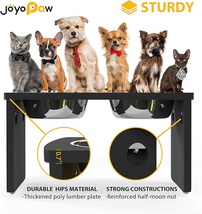 Elevated Dog Bowls, Waterproof Raised Dog Bowl for Medium & Large Dogs, HIPS Poly Lumber Stand with 2 Stainless Steel Bowls, Indoor & Outdoor Use (10'' Tall–48 oz Bowl, Black)