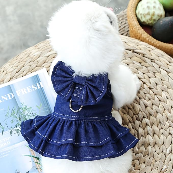 ANIAC Denim Dog Dresses for Small Dogs Puppy Girl Clothes with Leash Ring and Cute Bow Knot Summer Cat Apparel with D-Ring Blue Girl Dog Clothes (Dark Blue,Medium)