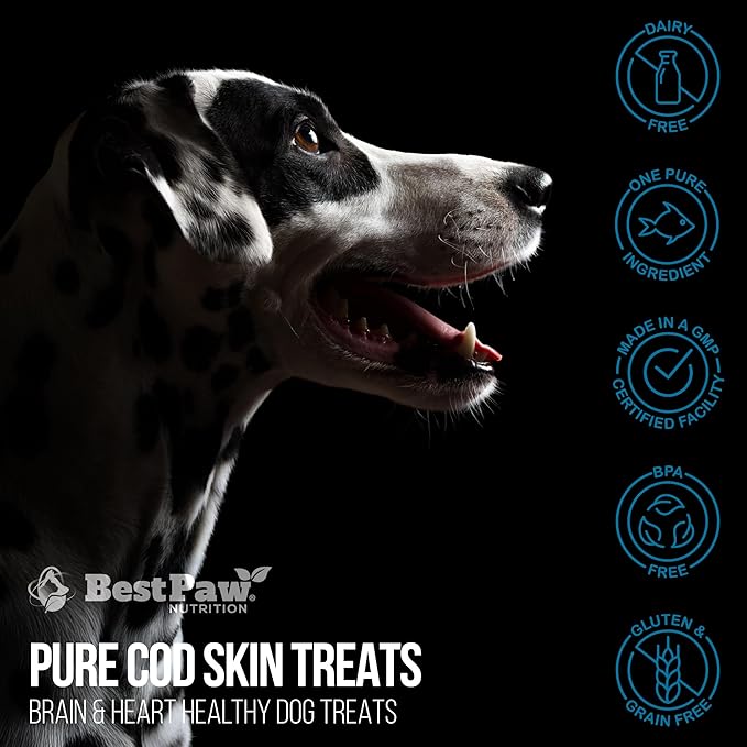 Best Paw Nutrition Wild Caught Fish Treats Icelandic Pure Cod Skins Reward Protein Snacks Rich in EPA & DHA K9 Brain Heart Skin & Coat Health Crunchy Dental Treats