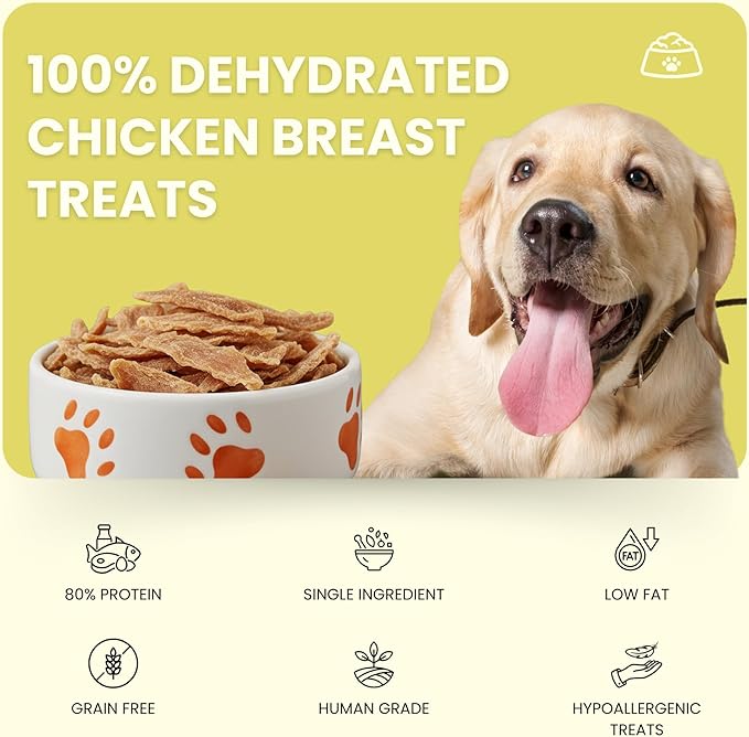 Chicken Jerky Dog Treats Made in USA | Chicken Dehydrated Breast | Training Treats | Human Grade, High Protein, Single Ingredient Dog Treats | Grain-Free, Hypoallergenic | All Breeds, 4 oz