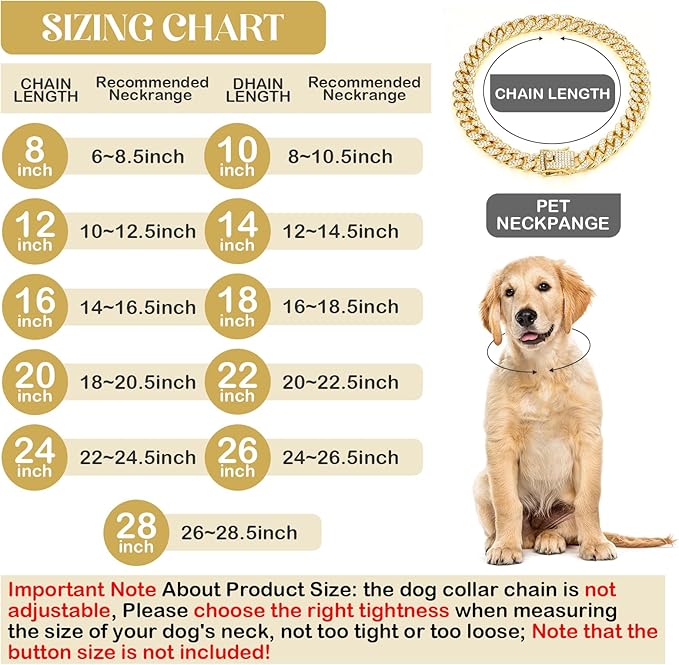 Tallew Gold Dog Chain Diamond Collar Walking Metal Chain Necklace with Secure Buckle Pet Cuban Style Collar Jewelry Accessories for Small Medium Large Dog Cats (12 inch)