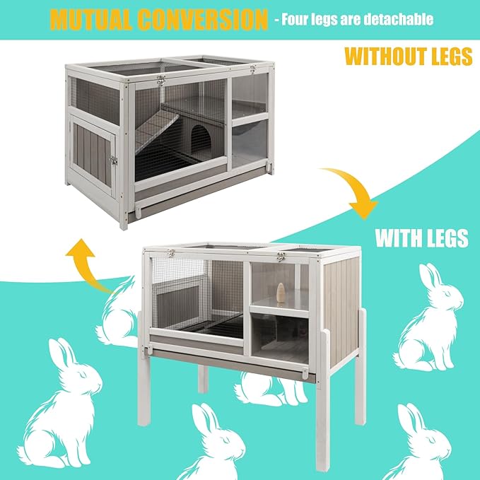 Ketive Rabbit Hutch Indoor, Wooden Bunny Hutch with Stand, Rabbit Cage with Ramp and Hideout, Small Animals Cage Habitat with Not Leakage Pull Out Tray for Rabbits, Guinea Pigs, Hamsters