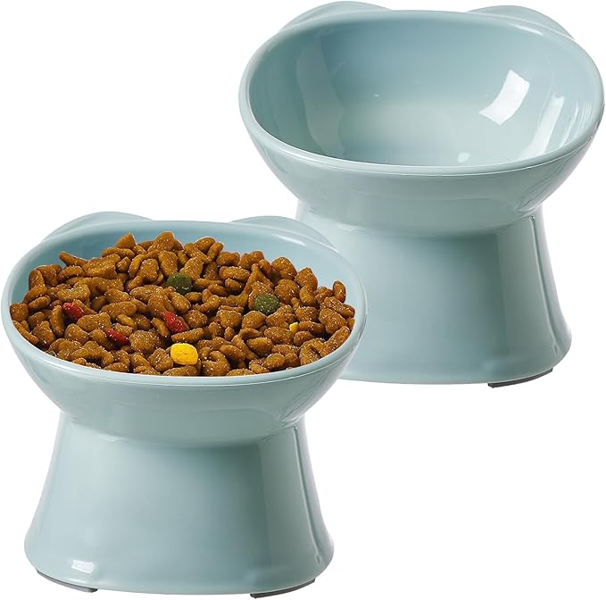 KSIA Klear Elevated Cat Bowls 2 Pack, Tilted Raised Cat Bowl for Food and Water, 4.72" Wide, Whisker Friendly Anti Vomit for Indoor Cats, Microwave and Dishwasher Safe, Blue