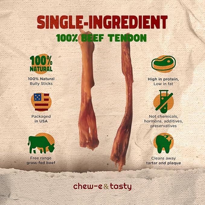chew-e&tasty Beef Tendon Chews for Dogs (10-12 Inch, 5 Pack), All Natural Rawhide Free Dog Chews, Long Lasting w/Chondroitin & Glucosamine, Dental Health for Small, Medium, Large
