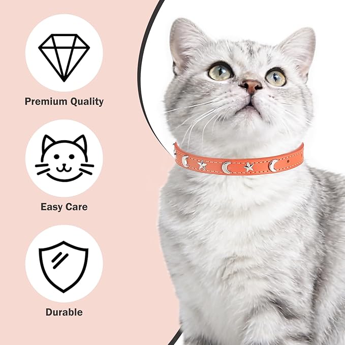 Leather Cat Collars for Boy Girl Cats with Bell and Safety Elastic Belt, Personalized Star and Moon Stud Adjustable Safe Buckle Collar for Kitty Small Big Cats Size 7-9 Inch, Orange
