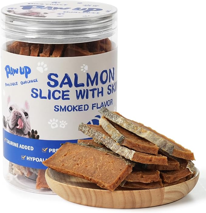 PAWUP Salmon Dog Treats, Smoked Salmon Jerky with Fish Skin, Salmon and Duck Recipe, High Protein Snacks, Natural Omega 3-6, Low in Fat with Taurine, 12.5 oz (15-20 PCS)